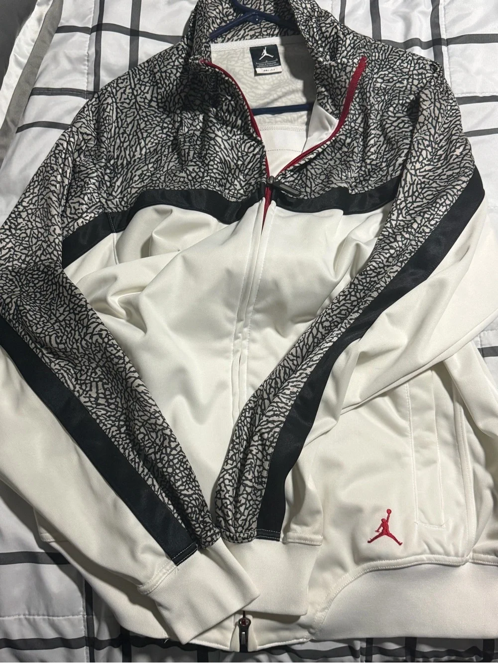 Jordan men’s white and gray elephant Patterned Varsity Jacket with Red Jumpman